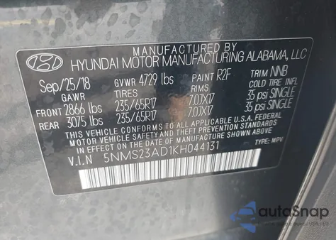 2019 Hyundai Santa Fe Se z USA, uszkodzony, nr VIN 5NMS23AD1KH044131